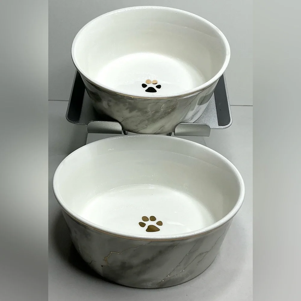 2 Fido's Diner Dog Cat Bowls Gold Gray White Marble with Gold Paw Print Inside